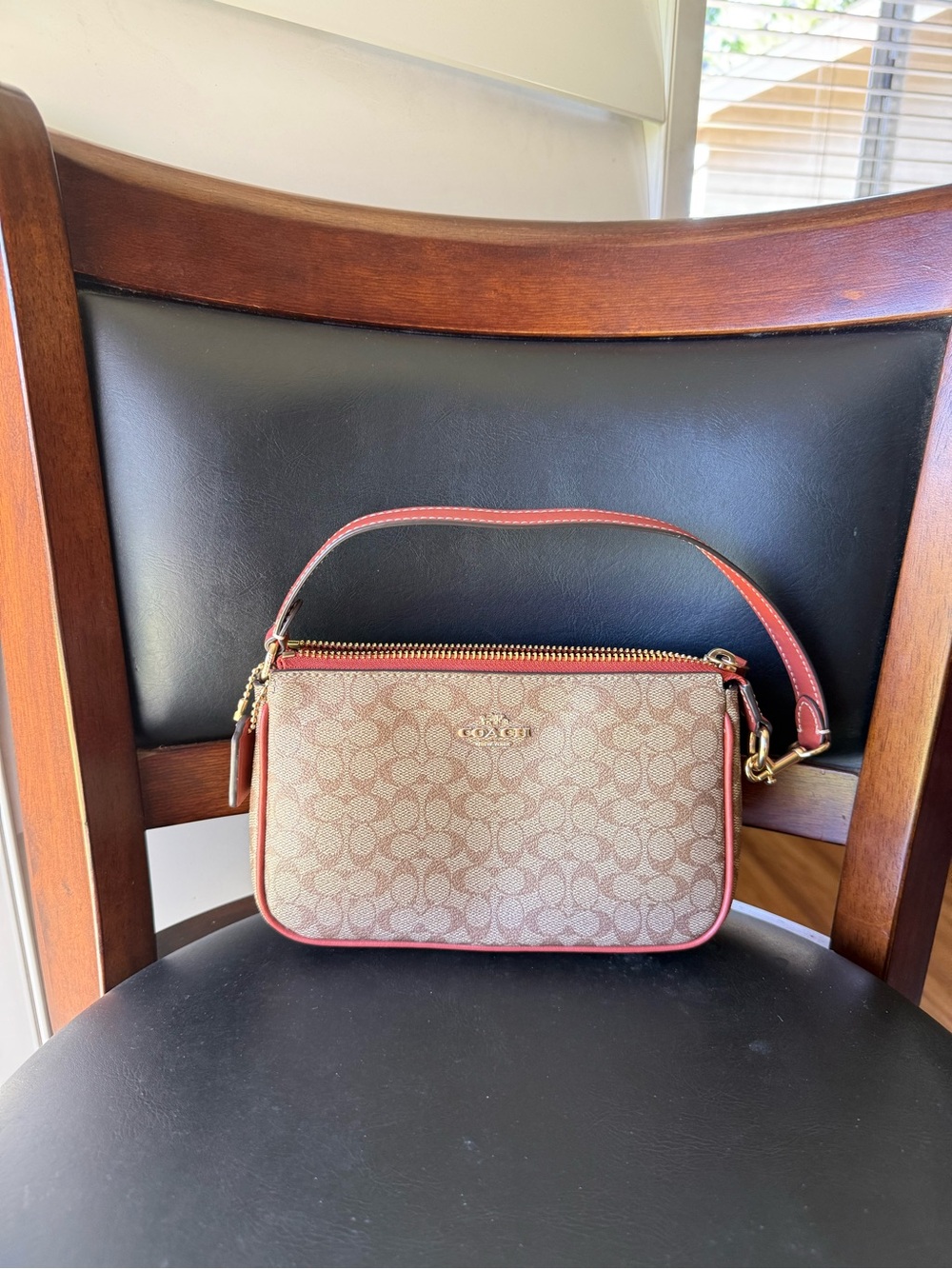 Coach Mini Wristlet in Tan with Red Trim